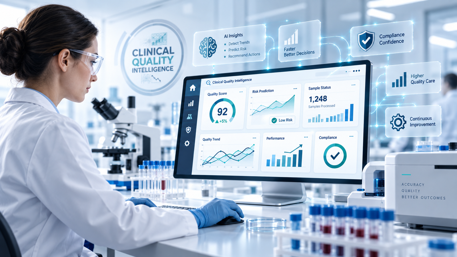 Profesional de la salud en laboratorio utilizando inteligencia artificial para mejorar su trabajo