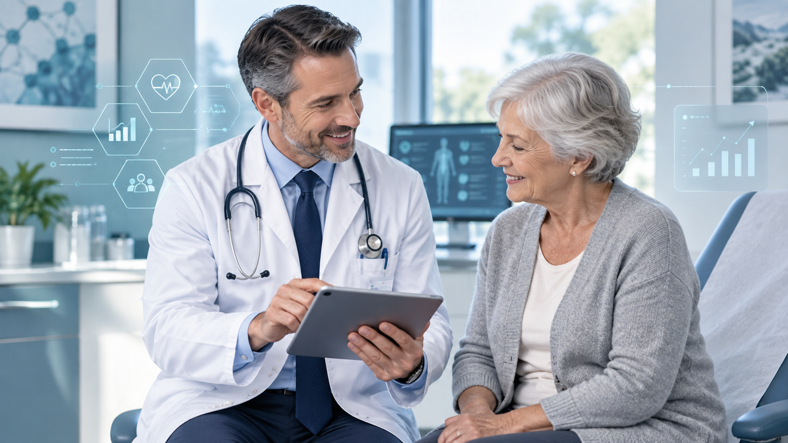 Médico apoyándose en tecnología durante la atención de un paciente